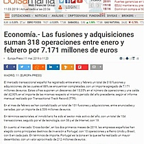 Las fusiones y adquisiciones suman 318 operaciones entre enero y febrero por 7.171 millones de euros